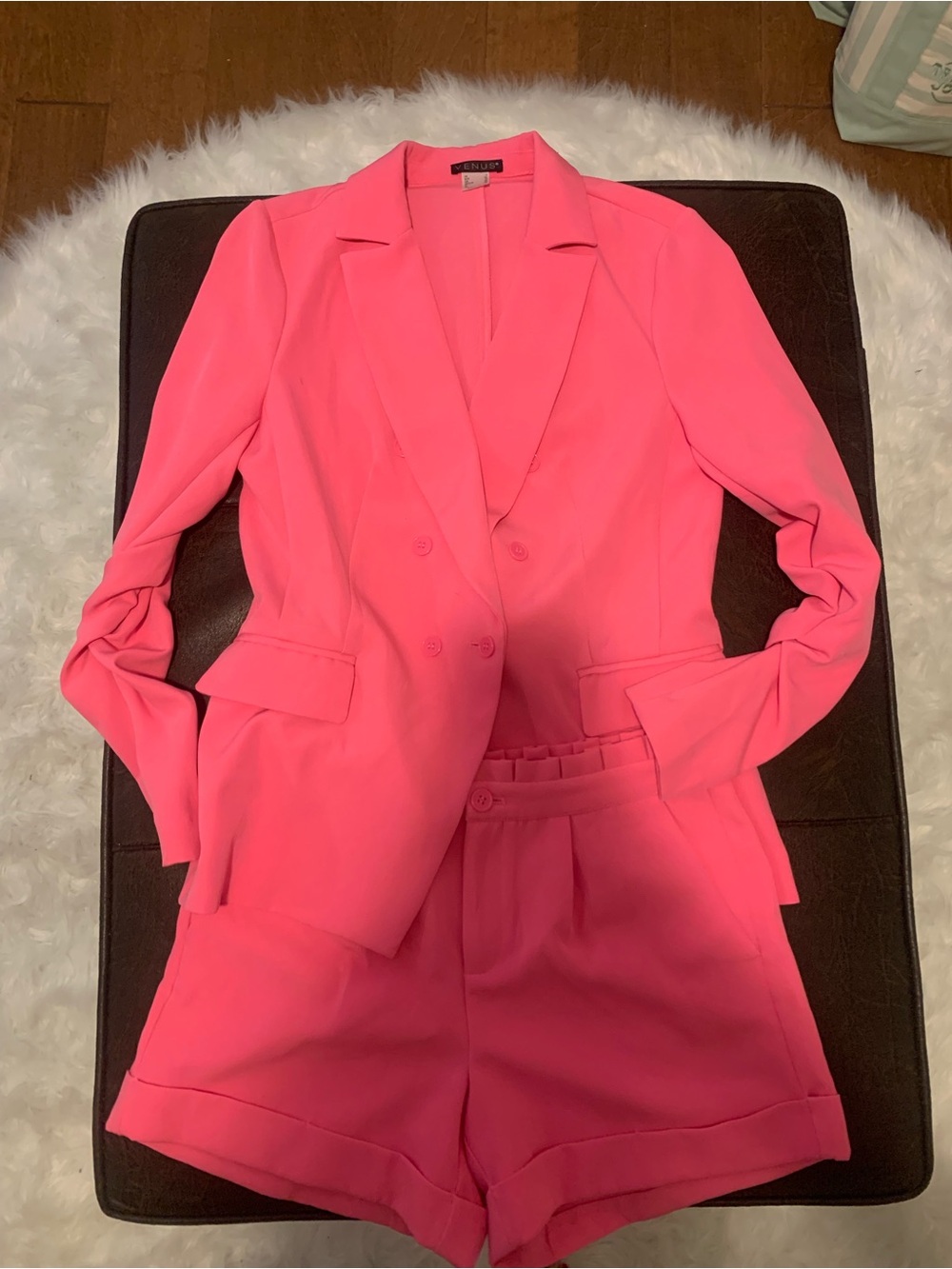 VENUS Neon Pink Double-Breasted Blazer and Matching Shorts Set